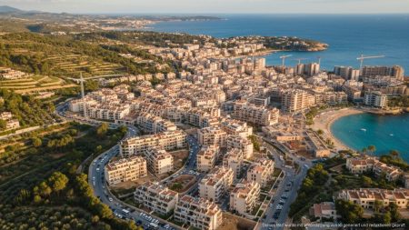 Panoramablick auf Mallorcas urbanisierte Landschaft mit dichter Bebauung und mediterraner Natur, symbolisch für die Herausforderungen des Bevölkerungswachstums