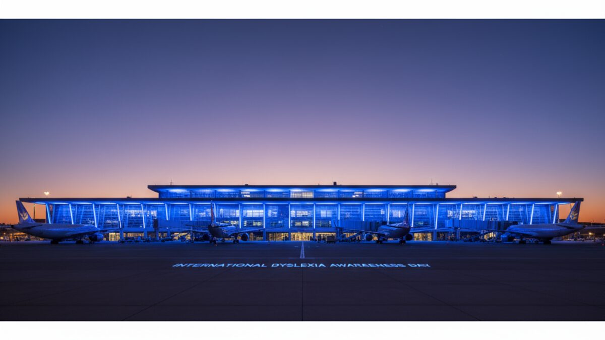 Der Flughafen Mallorca erstrahlt in blauem Licht zur Feier des Internationalen Tags der Legasthenie am 8. Oktober.
