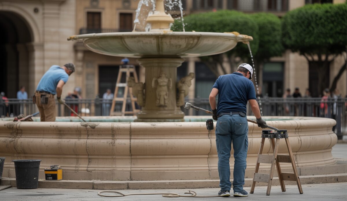 Restaurierungsarbeiten am Brunnen der Plaça de la Reina in Palma