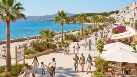 Lebendige Küstenpromenade in Calvia auf Mallorca mit Menschen, die nachhaltigen Tourismus und wirtschaftlichen Aufschwung symbolisieren.