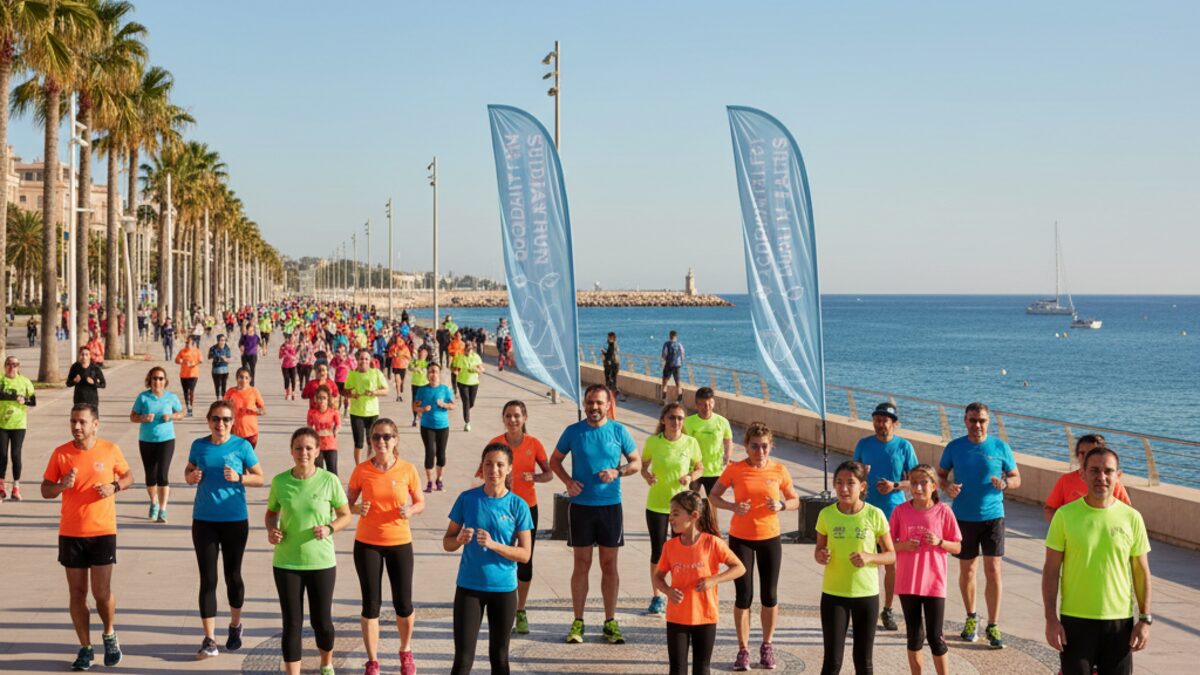 Teilnehmer eines Solidaritätslaufs auf dem Paseo Marítimo in Palma bei sonnigem Wetter mit Meerblick und Palmengärten