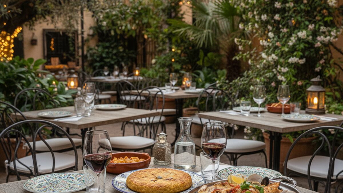 Gemütlicher Gartenbereich des Restaurants Casa Rústica in Peguera mit traditioneller spanischer Küche und rustikaler Atmosphäre