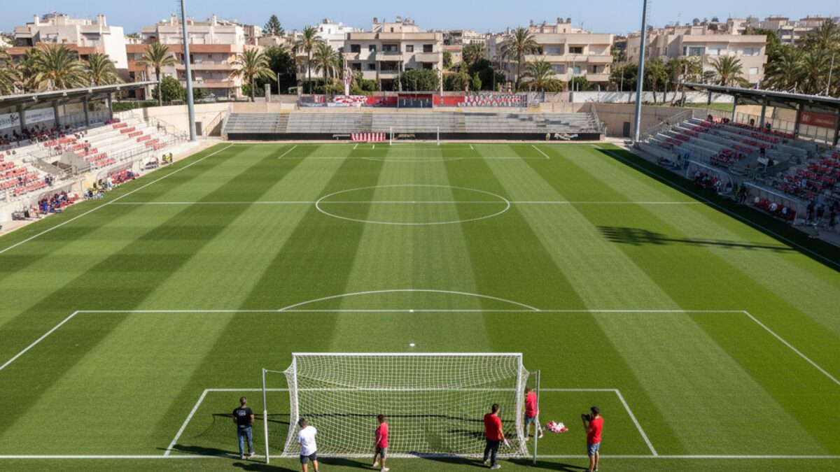 Stadionvorbereitungen in Palma für das historische Debüt des CD Sant Jordi in der Copa del Rey vor dem Spiel gegen Osasuna