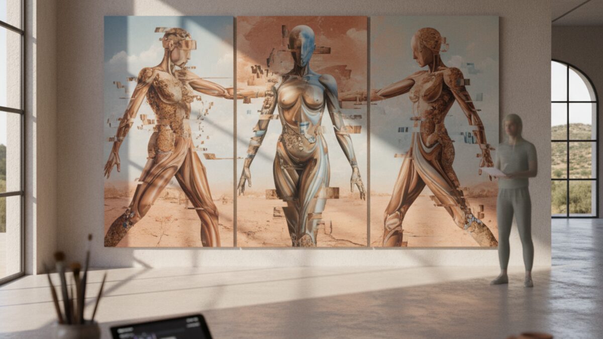 Moderne Kunstausstellung von Charlie Stein auf Mallorca mit abstrakten, halbhumanoiden Figuren und Collagen in einer Galerie
