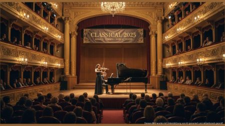 Musiker auf der Bühne im Theater von Alaró beim Festival CLASSICAL 2025 mit Violine und Klavier vor aufmerksamen Publikum