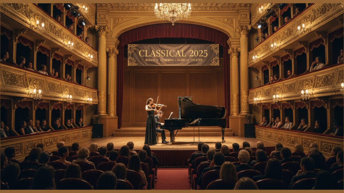 Musiker auf der Bühne im Theater von Alaró beim Festival CLASSICAL 2025 mit Violine und Klavier vor aufmerksamen Publikum
