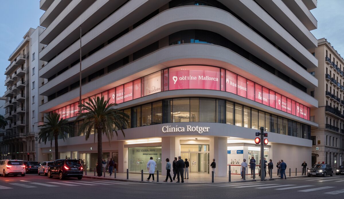 Außenansicht der Clínica Rotger in Palma de Mallorca mit Beleuchtung zum Brustkrebstag