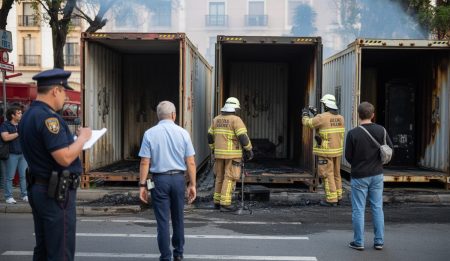 Fehlerhaftes Rauchen verursacht Containerbrand in Palmas Plaza Madrid Zerstörte Container nach Brand auf Palmas Plaza Madrid
