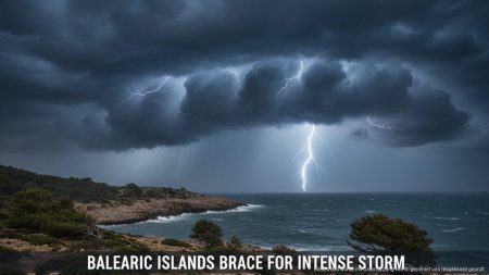 DANA Alice versetzt die Balearen in Alarmbereitschaft Dramatische Wetterfront mit dichten Gewitterwolken und starkem Regen über der Küste der Balearen im Zuge von DANA Alice