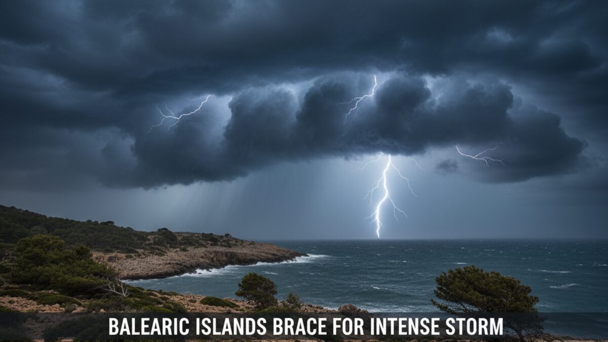 Dramatische Wetterfront mit dichten Gewitterwolken und starkem Regen über der Küste der Balearen im Zuge von DANA Alice