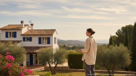 Symbolisches Bild eines nachdenklichen Elternteils vor mediterranem Haus auf Mallorca, das den Auszug der ältesten Kinder darstellt