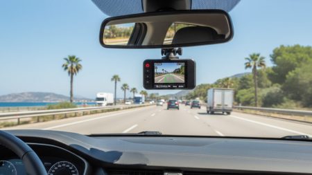 Dashcams auf Mallorca: Was Autofahrer beachten müssen Nahaufnahme eines modernen Armaturenbretts mit einer Dashcam an der Windschutzscheibe auf einer belebten Straße bei Palma de Mallorca zur Veranschaulichung rechtlicher Bestimmungen und Nutzung von Dashcams