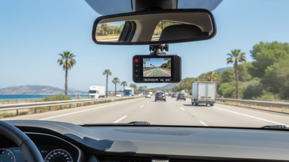 Nahaufnahme eines modernen Armaturenbretts mit einer Dashcam an der Windschutzscheibe auf einer belebten Straße bei Palma de Mallorca zur Veranschaulichung rechtlicher Bestimmungen und Nutzung von Dashcams