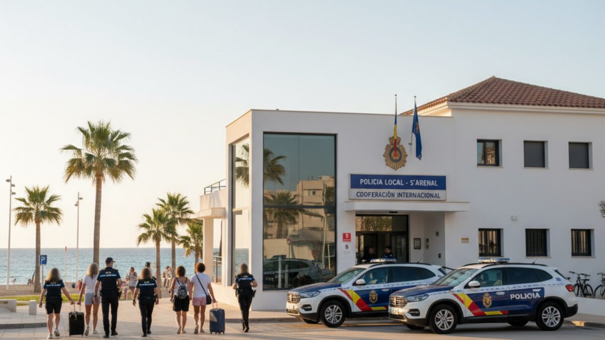 Polizeiauto vor einer Polizeistation auf Mallorca in mediterranem Umfeld bei Tageslicht