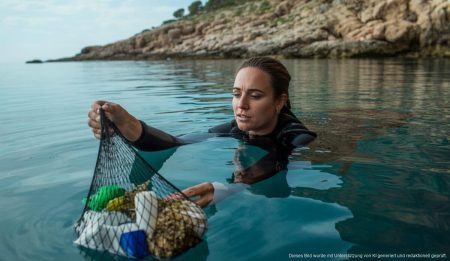 Deutsche Taucherin entfernt Plastikmüll im Meer bei Mallorca.