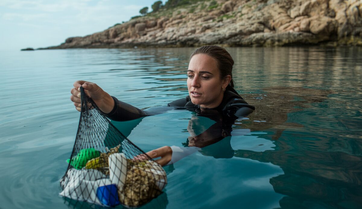Deutsche Taucherin entfernt Plastikmüll im Meer bei Mallorca.