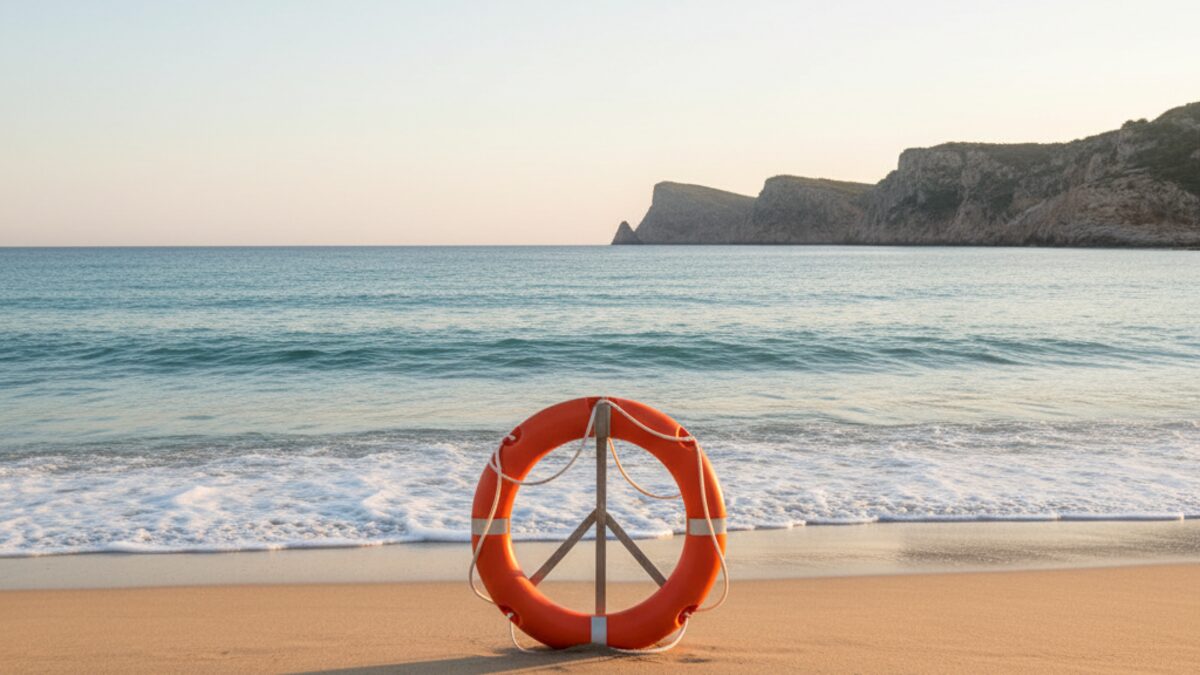 Ein Strand auf Mallorca mit einem Rettungsring im Sand
