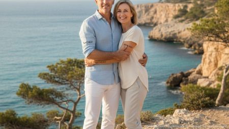 Deutsch-österreichisches Coach-Paar steht entspannt mit Meerblick auf Mallorca, zeigt Tattoos mit Inselumrissen, symbolisiert neues Leben und Arbeit