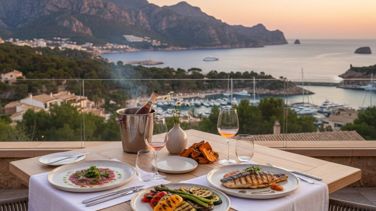 Elegantes Dinner im Suculenta Restaurant mit mediterranen Gerichten und Blick auf die Sierra de Tramuntana in Mallorca
