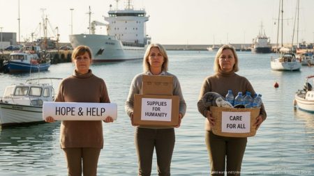 Drei Mallorquinerinnen auf Gaza-Hilfsflotte von Israel festgehalten Drei junge Frauen stehen gemeinsam symbolisch in einem Hafen vor einem Schiff, das für eine Gaza-Hilfsflotte steht, friedliche Solidaritätsaktion an einem Tag mit natürlichem Licht