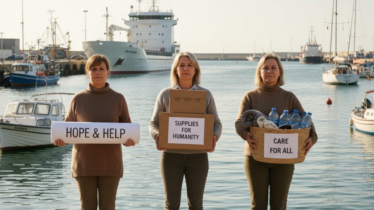 Drei junge Frauen stehen gemeinsam symbolisch in einem Hafen vor einem Schiff, das für eine Gaza-Hilfsflotte steht, friedliche Solidaritätsaktion an einem Tag mit natürlichem Licht