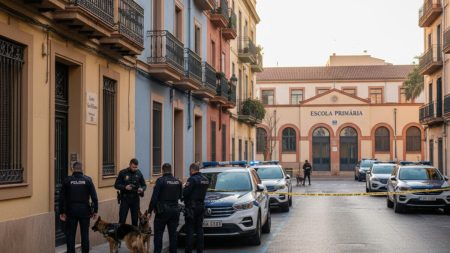 Drogenrazzia in Palma: Aktive Verkaufsstelle in Schulnähe aufgelöst Polizeieinsatz bei Drogenrazzia vor Wohngebäude nahe Schule in Palma mit Beamten und Polizeihunden