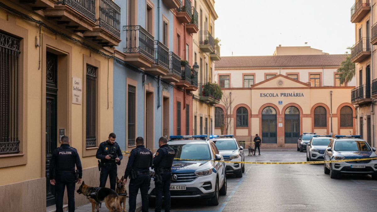 Polizeieinsatz bei Drogenrazzia vor Wohngebäude nahe Schule in Palma mit Beamten und Polizeihunden