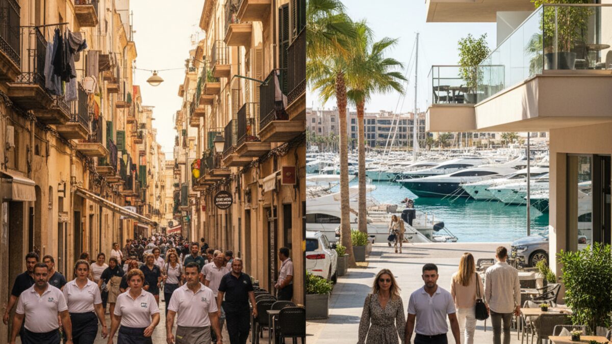 Straßenszene in Palma de Mallorca mit deutlichem Kontrast zwischen ärmlichen Wohnhäusern in El Arenal und luxuriösen Gebäuden mit Yachthafen in Sant Jaume, die Einkommensunterschiede zeigen