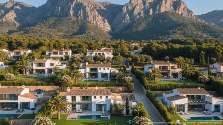 Luftaufnahme von Esporles mit wohlhabenden Wohnhäusern vor der Serra de Tramuntana auf Mallorca, die wirtschaftliche Unterschiede auf der Insel widerspiegeln.
