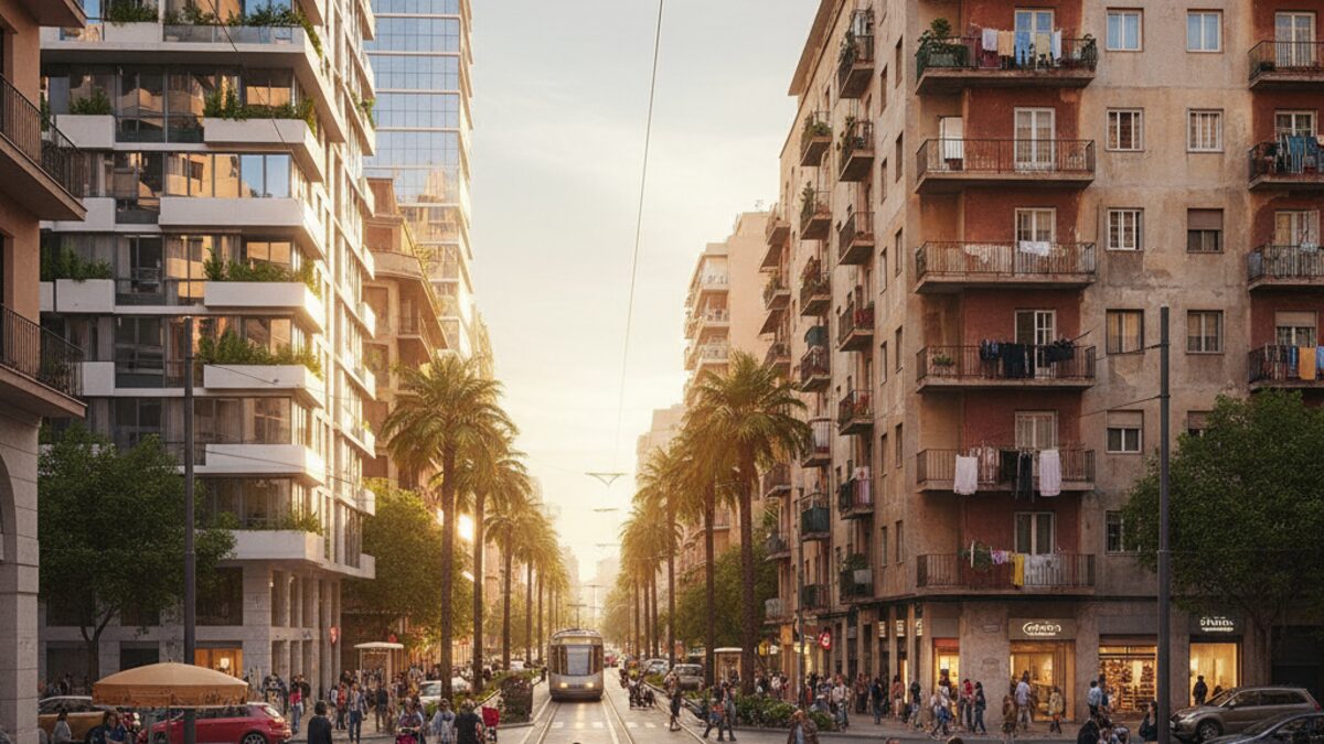 Blick auf ein Stadtviertel in Palma mit modernen und alten Gebäuden