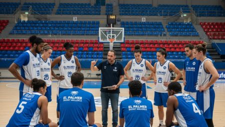 Basketballmannschaft El Palmer bereitet sich im Innenraum einer modernen Arena auf schweres Auswärtsspiel gegen Ourense vor