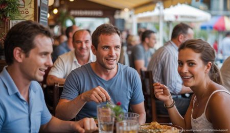 Einblick in ein lebhaftes Restaurant auf Mallorca mit Gästen, die deutsche Küche genießen.