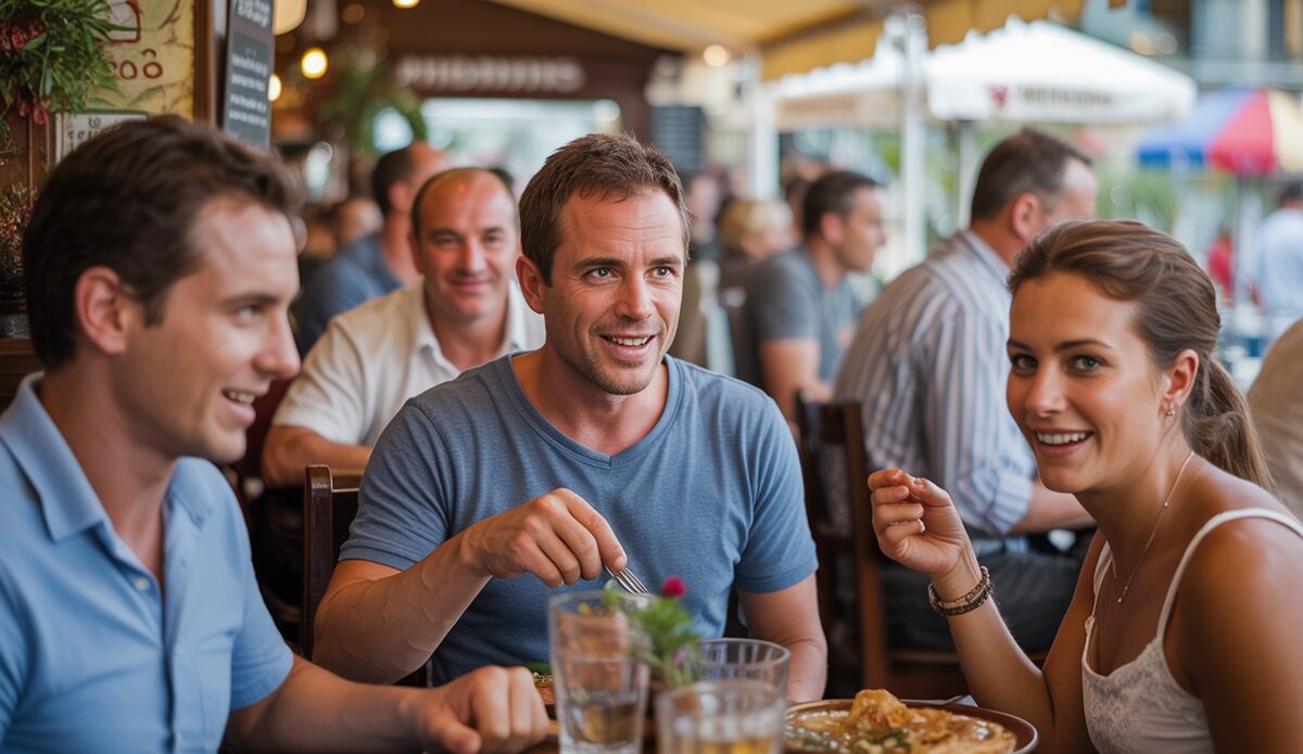 Einblick in ein lebhaftes Restaurant auf Mallorca mit Gästen, die deutsche Küche genießen.