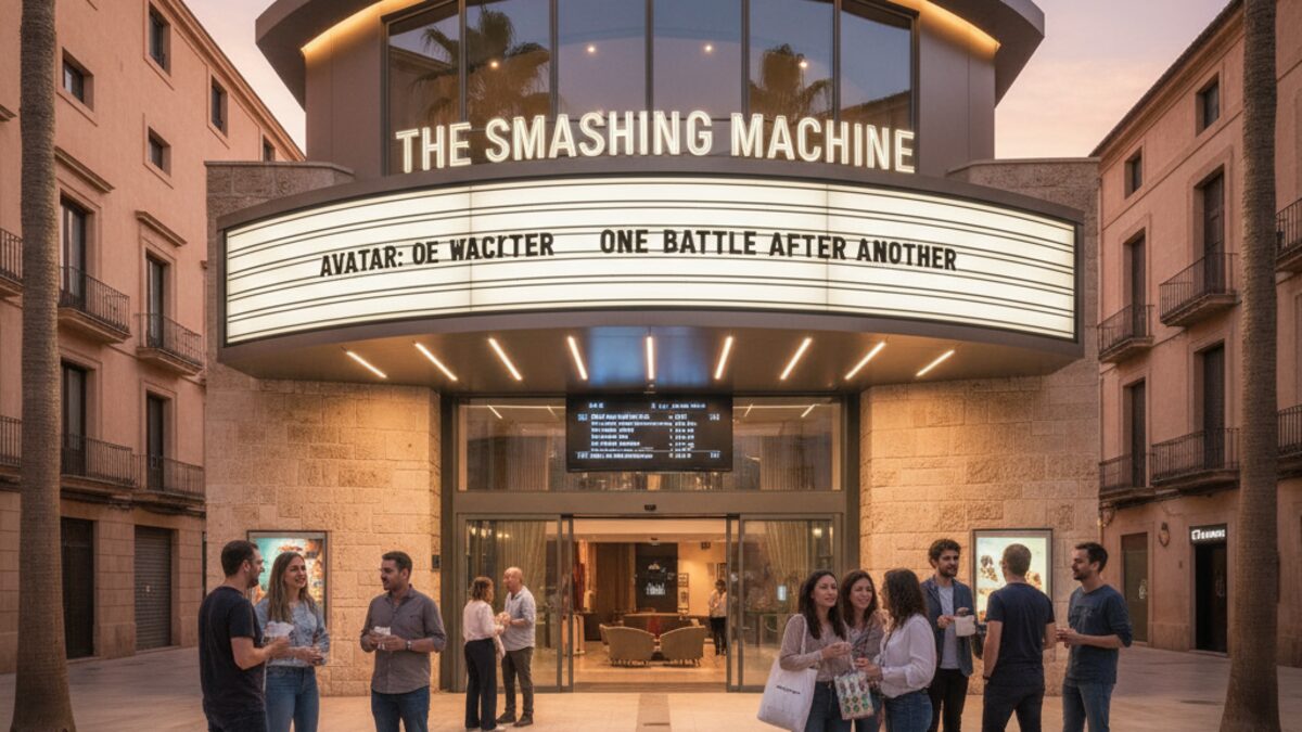Moderner Kinosaal mit leuchtendem Filmtitel The Smashing Machine und Avatar auf Mallorca bei Sonnenuntergang