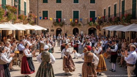 Erfolgreicher Abschluss der Fira in Alcúdia: Kultur und Tradition im Zentrum Traditioneller Tanz und festliche Aktivitäten auf der Fira in Alcúdia mit Menschen in mediterranem Stadtzentrum