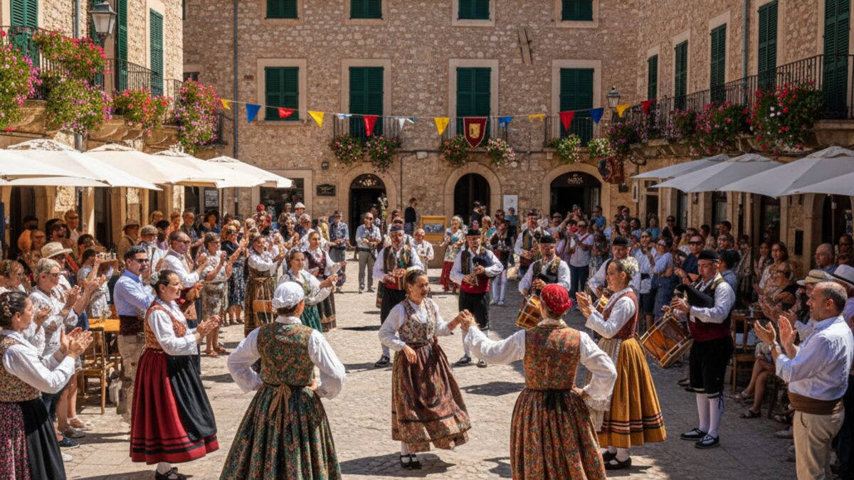 Traditioneller Tanz und festliche Aktivitäten auf der Fira in Alcúdia mit Menschen in mediterranem Stadtzentrum