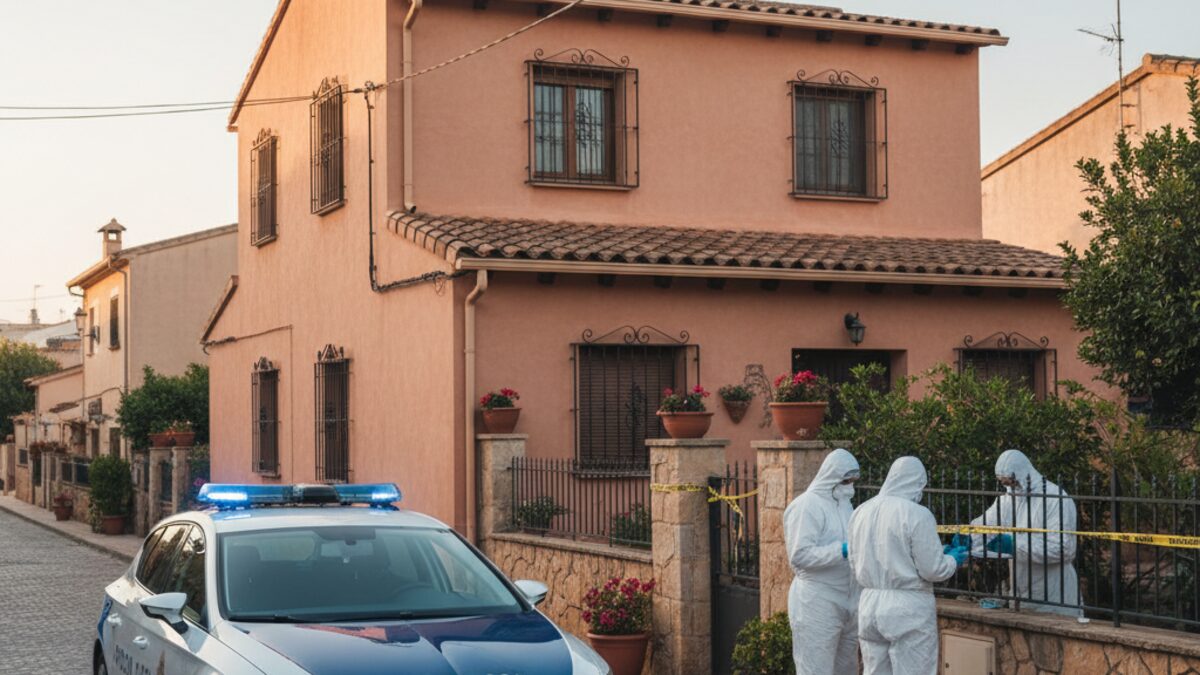 Polizeiauto vor einem Wohnhaus in Llucmajor mit verdeckten Ermittlern bei der Untersuchung eines möglichen Gewaltverbrechens am Morgen
