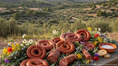Sobrassada auf Mallorca: Erste Frau erhält Auszeichnung Sobrassada-Wurst auf Holztisch auf Mallorca