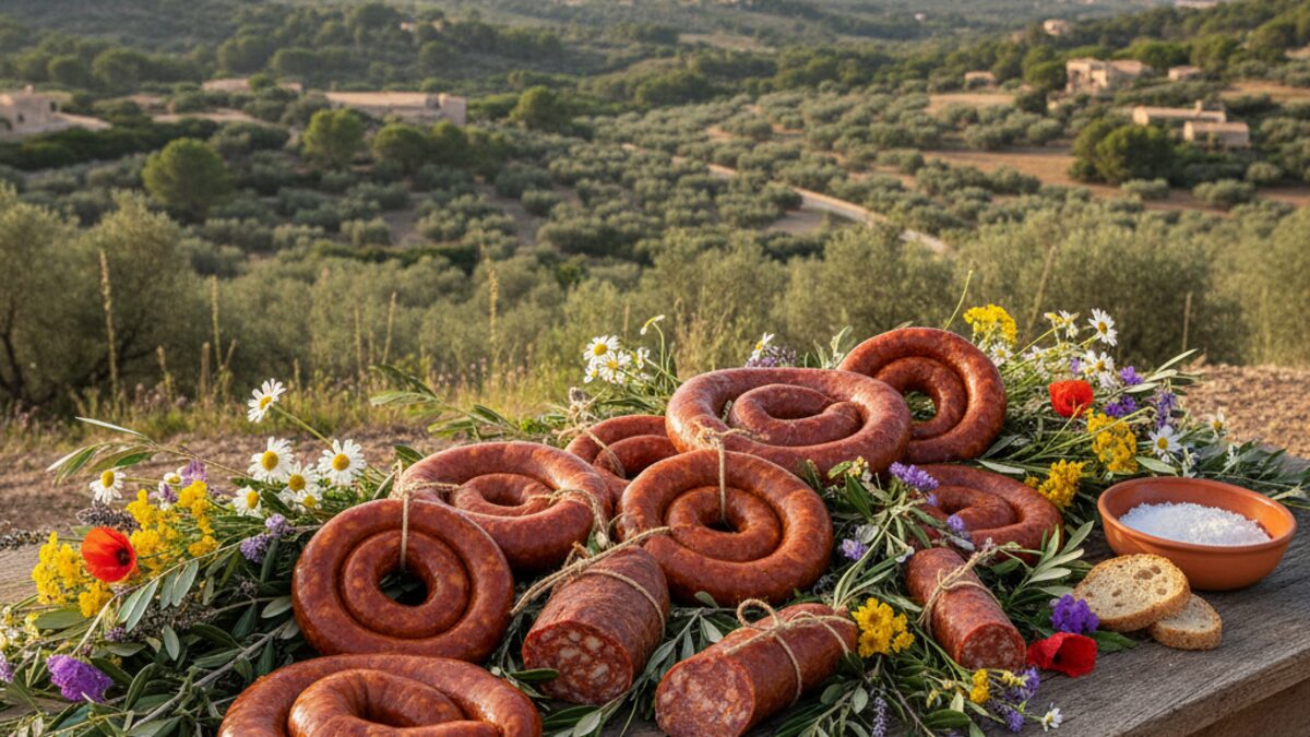 Sobrassada-Wurst auf Holztisch auf Mallorca