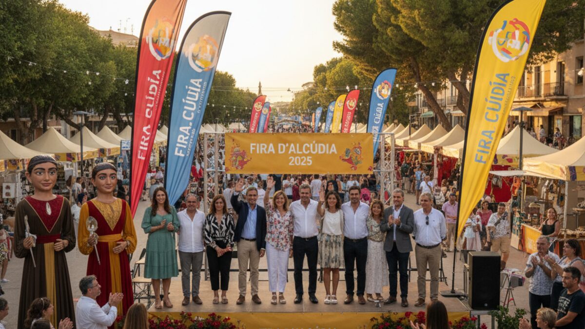 Eröffnung der Fira d’Alcúdia 2025 mit lokalen Autoritäten und traditionellen Riesengestalten auf dem Passeig Mare de Déu de la Victòria