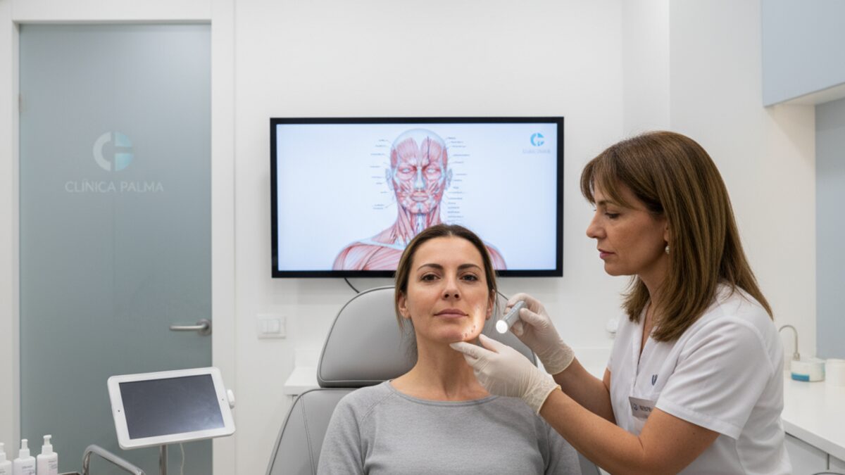 Medizinische Untersuchung der Gesichtsschäden nach unsachgemäßem Schönheitsingriff in Palma in einer modernen Klinik mit neutraler Atmosphäre
