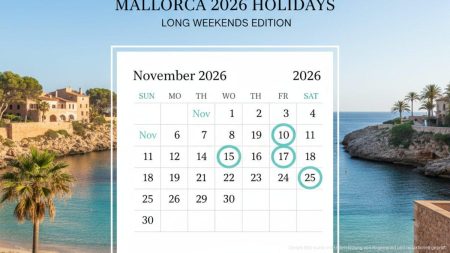 Fotorealistischer Kalender für Mallorcas Feiertage 2026 mit markierten langen Wochenenden und mediterraner Küstenlandschaft im Hintergrund