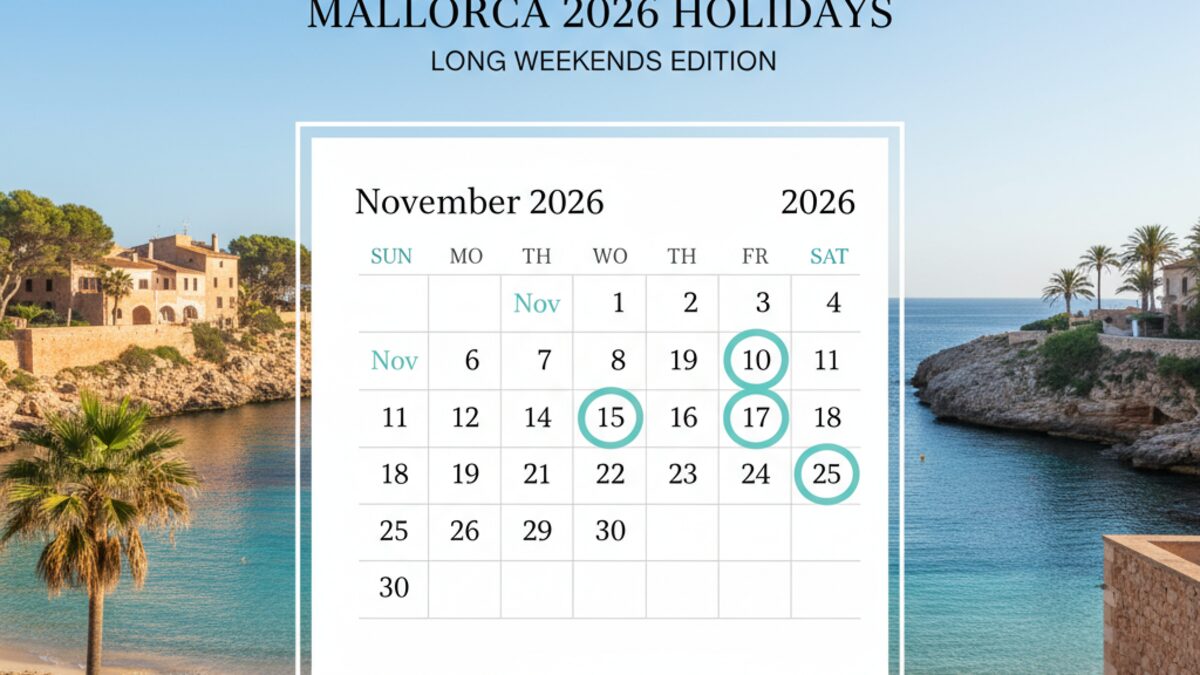 Fotorealistischer Kalender für Mallorcas Feiertage 2026 mit markierten langen Wochenenden und mediterraner Küstenlandschaft im Hintergrund
