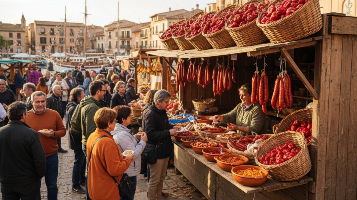 Traditionelles herbstliches Festival in Mallorca mit frischem rotem Paprika, Sobrassada und lokalen Meeresfrüchtespezialitäten in einem belebten Außenmarkt