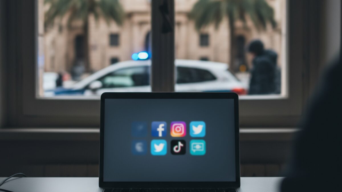 Laptop mit sozialen Netzwerksymbolen und Polizeiauto im Hintergrund symbolisieren Festnahme wegen Erpressung intimer Fotos in Palma