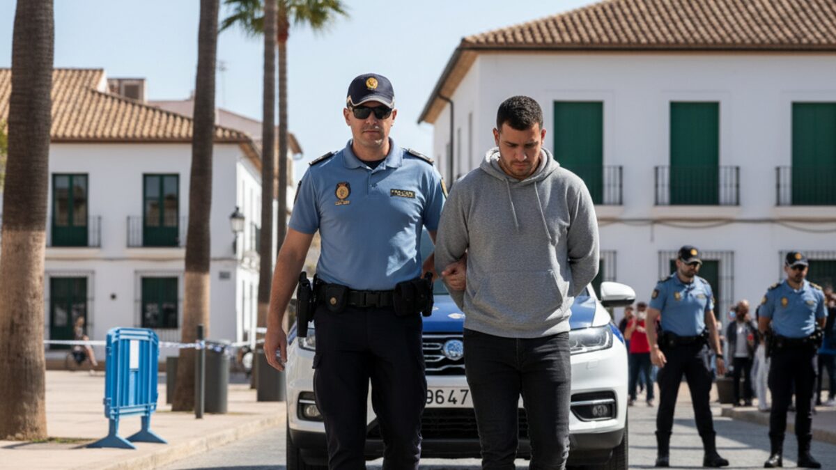 Polizeibeamter führt einen festgenommenen Verdächtigen bei einer Verhaftung auf Mallorca im Zusammenhang mit einem Raubüberfall in Köln-Poll