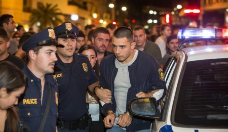 Festnahme in Palma: Sexuelle Belästigung in Diskothek Polizisten eskortieren einen Verdächtigen aus einer Diskothek in Palma de Mallorca.