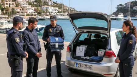 Festnahme internationaler Taschendiebe auf Mallorca Polizeieinsatz am Hafen von Port d’Andratx auf Mallorca mit geöffnetem Kofferraum eines Mietwagens und entdeckten neuen Kleidungsstücken