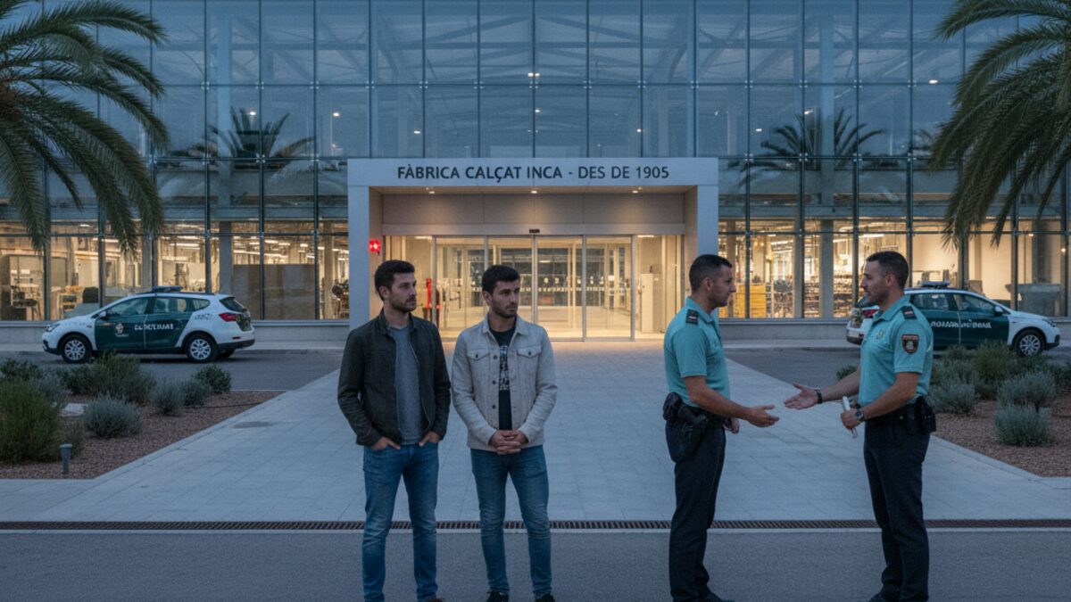 Drei junge Männer werden von Guardia Civil Polizeibeamten vor einer Fabrikhalle in Inca, Mallorca, nach einem Einbruch festgenommen