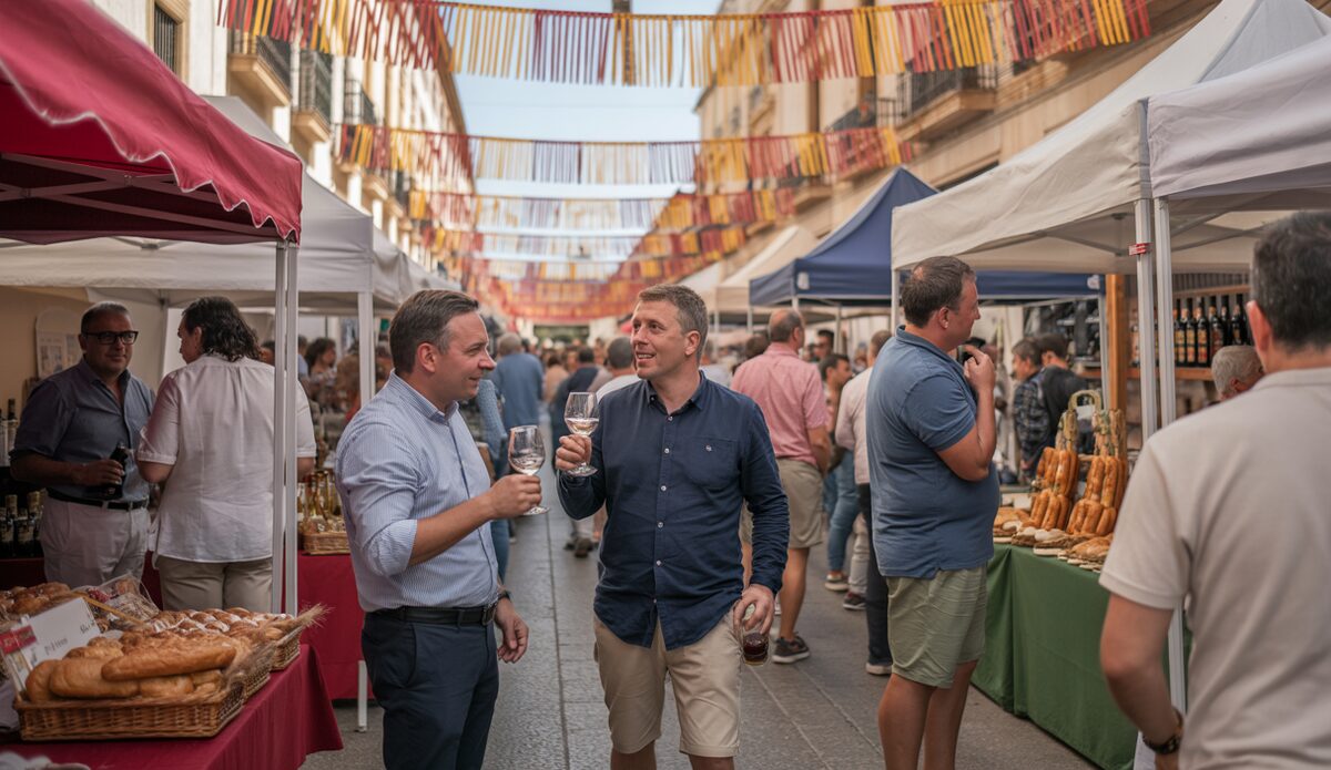 Besucher bei der Fira del Centenario in Consell, Mallorca, probieren Wein und traditionelle Produkte.